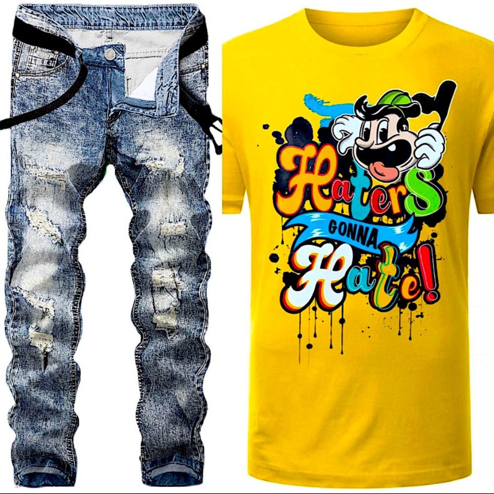 2pc SLIM RIPPED JEANS + HATER DRIP T